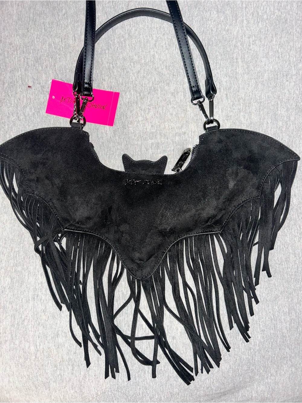 betsey johnson black suede bat fringe purse - Picture 2 of 4